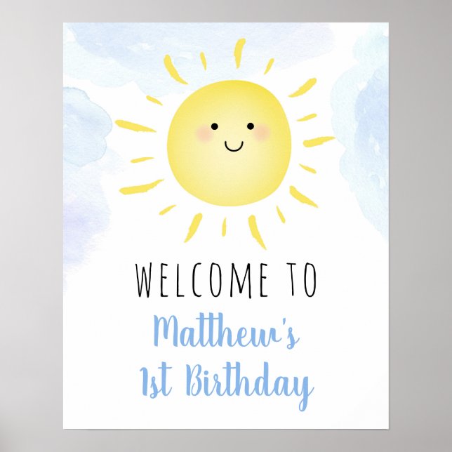 Póster Bienvenida de cumpleaños de Sunshine Clouds Blue B (Frente)