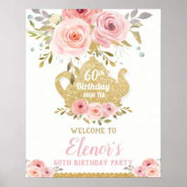 Póster Bienvenida de cumpleaños de té floral rosa con est