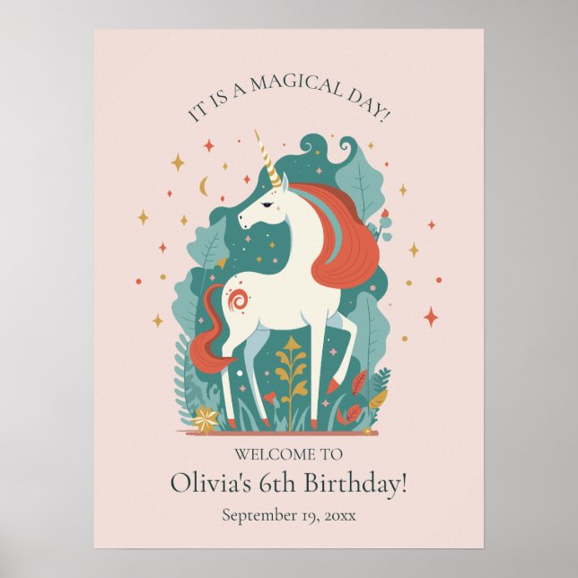 Póster Bienvenida de cumpleaños de Unicornio mágico (Frente)