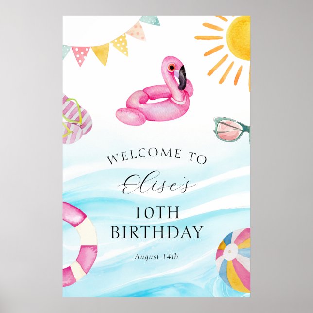 Póster Bienvenida de cumpleaños del Fiesta de la piscina (Frente)