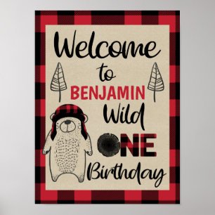 Póster Bienvenida de cumpleaños del oso lumberjack plaude