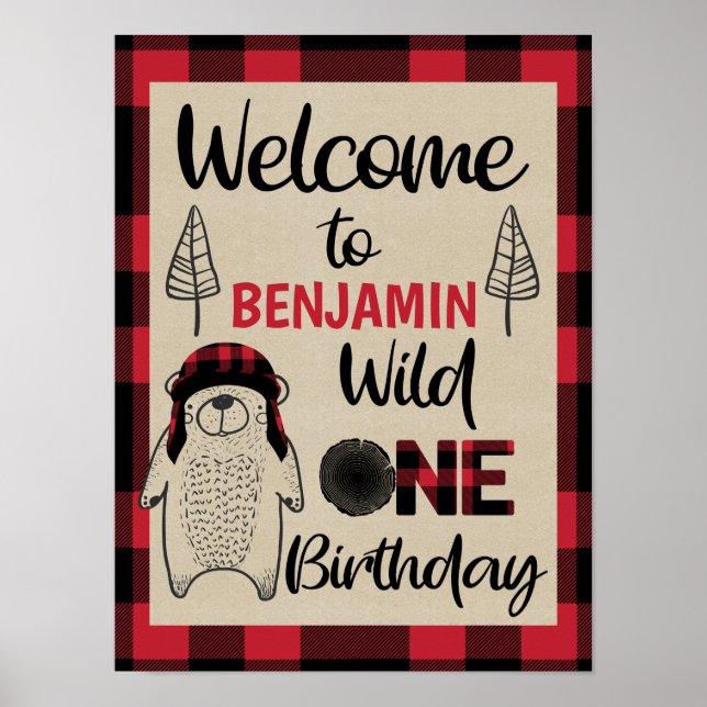Póster Bienvenida de cumpleaños del oso lumberjack plaude (Frente)