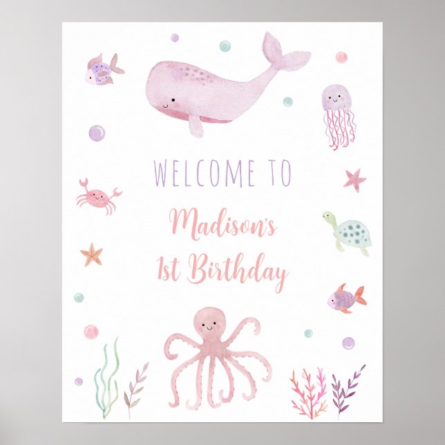 Póster Bienvenida de cumpleaños del Pastel Rosa Bajo el M (Frente)