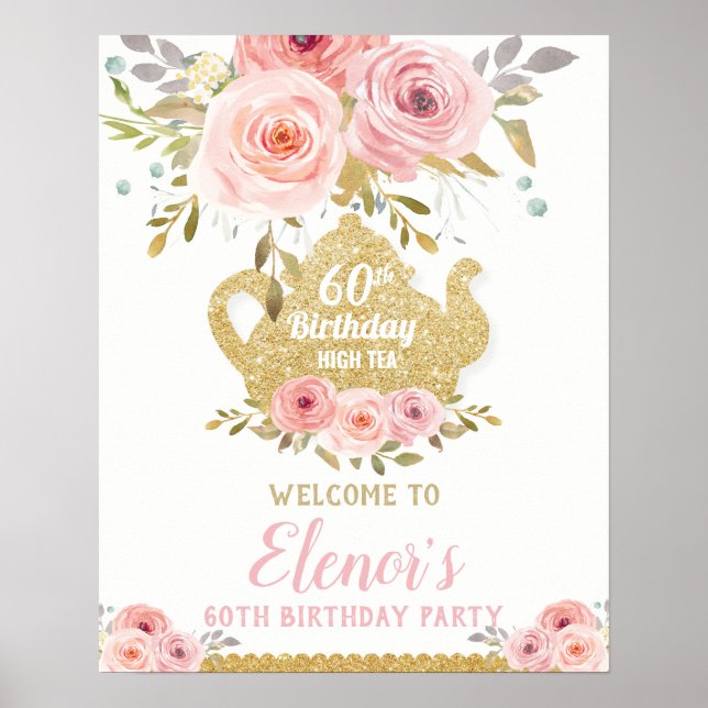 Póster Bienvenida de cumpleaños fiesta de té floral rosa  (Frente)