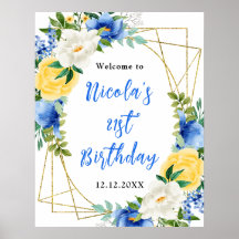 Bienvenida de cumpleaños floral azul y amarillo