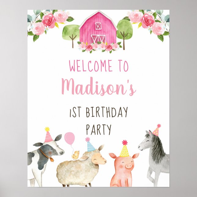 Póster Bienvenida de cumpleaños floral de Pink Farm Barny (Frente)