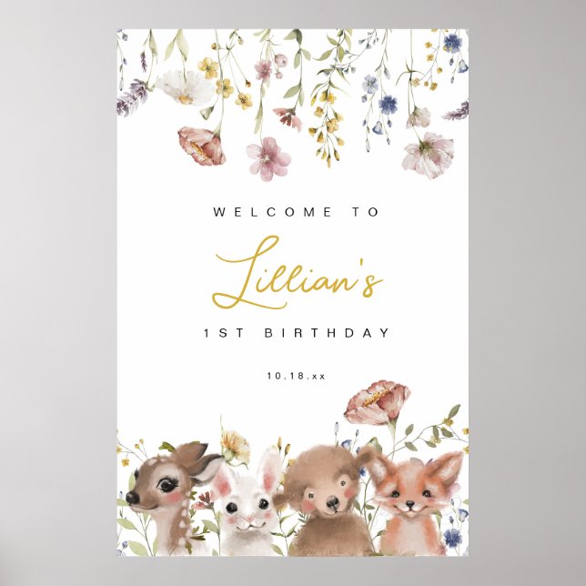 Póster Bienvenida de cumpleaños para los animales silvest (Frente)