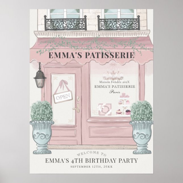 Póster Bienvenida de cumpleaños rosa de panadería frances (Frente)