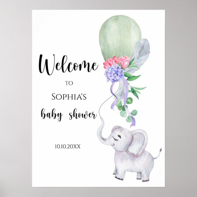 Póster Bienvenida de elefante y globo para baby shower (Frente)