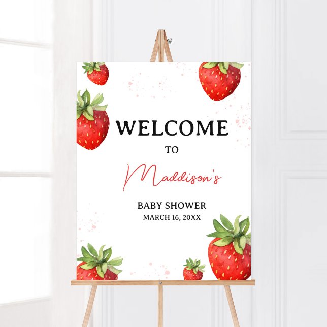 Póster Bienvenida de fresa roja minimalista (Berry Sweet Baby Shower Welcome Sign)