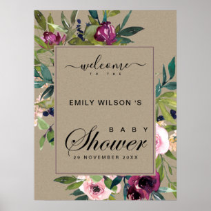 PÓSTER BIENVENIDA DE KRAFT RUBOR BURGUNDY FLORAL BABY SHO