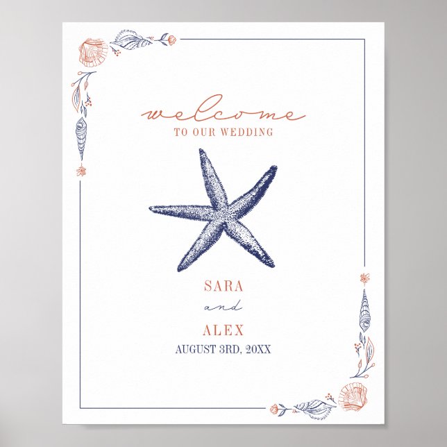 Póster Bienvenida de la boda de la playa Rustic Starfish  (Frente)