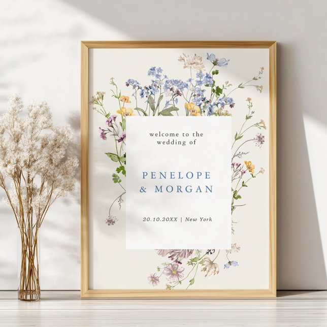 Póster Bienvenida de la Boda del Jardín de la Flor Silves (Spring Wildflower Meadow Garden Wedding Welcome Poster)