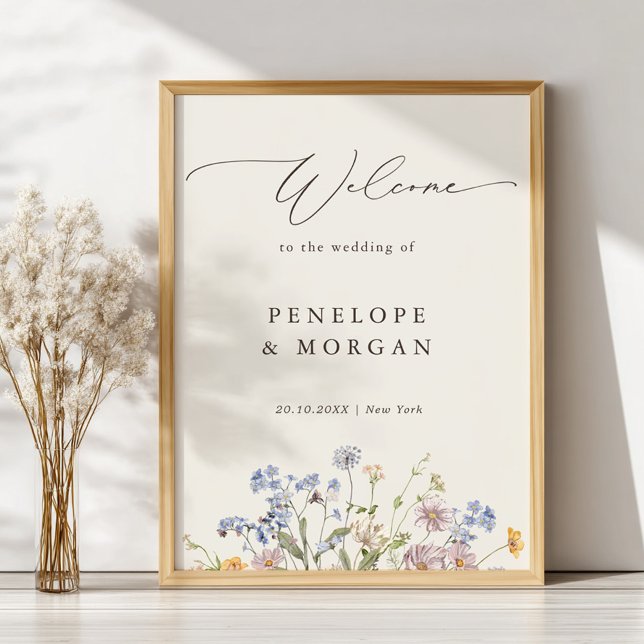 Póster Bienvenida de la Boda del Jardín de la Flor Silves (Spring Wildflower Meadow Garden Wedding Welcome Poster)