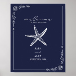 Póster Bienvenida de la boda rústica Starfish Dark Blue B