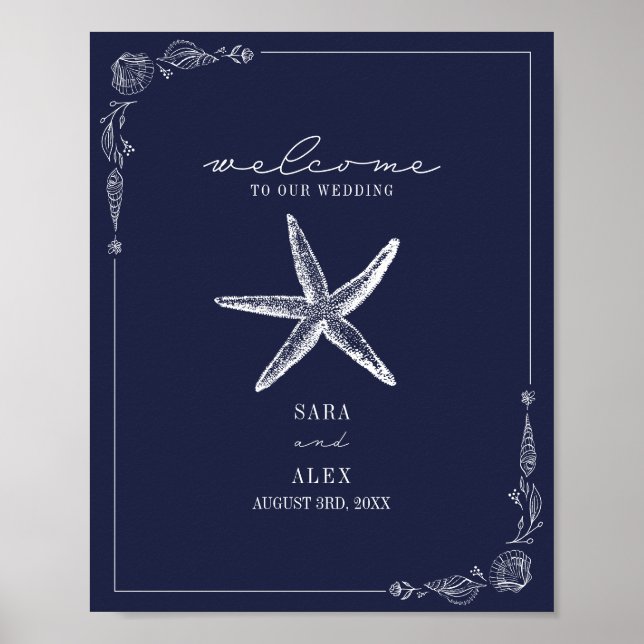 Póster Bienvenida de la boda rústica Starfish Dark Blue B (Frente)