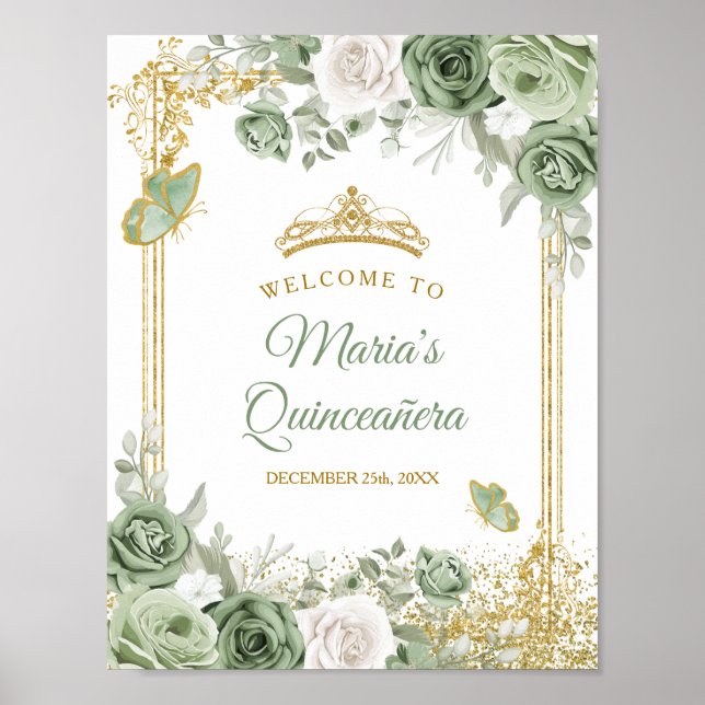 Póster Bienvenida de la Corona Verde Dorada Quinceañera (Frente)