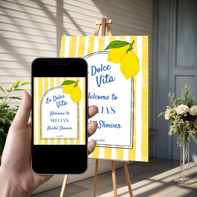 Póster Bienvenida de la ducha de novia italiana Dolce vit (Dolce vita yellow stripes Lemons retro Italian bridal shower personalized welcome sign Poster)