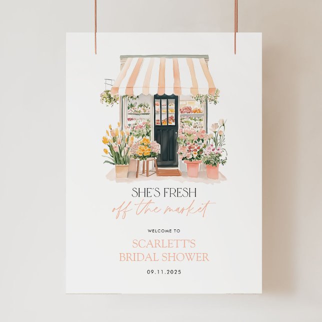 Póster Bienvenida De La Ducha De Novias En El Mercado (She's Fresh Off the Market! Bridal Shower Welcome Sign.)