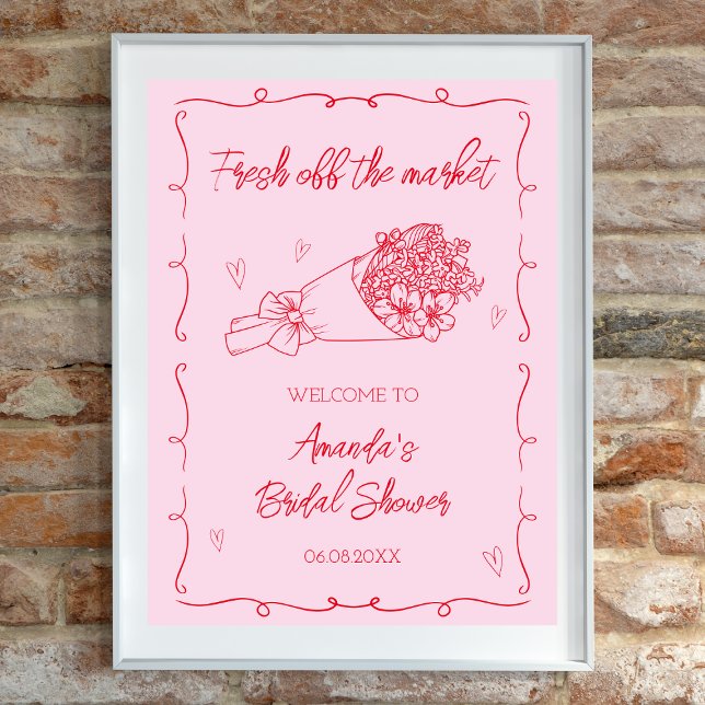 Póster Bienvenida De La Ducha De Novias Rojas Y Rosa (Off The Market Pink & Red Bridal Shower Welcome Poster)