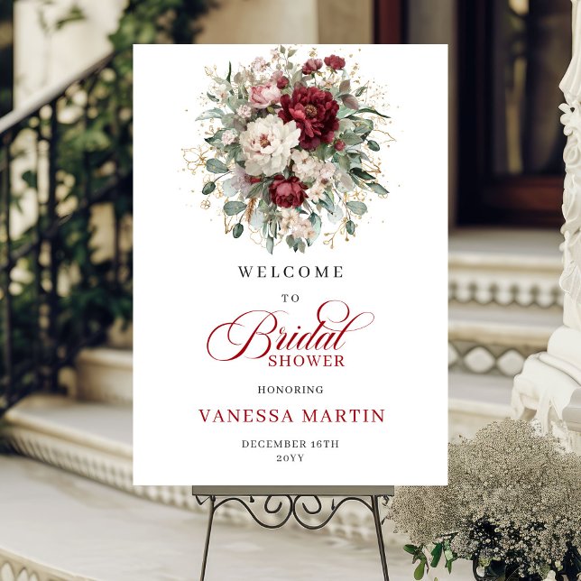 Póster Bienvenida de la ducha nupcial floral rojo profund (Burgundy Deep Red Floral Bridal Shower Welcome)