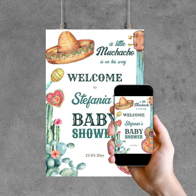Póster Bienvenida de la fiesta mexicana del pequeño bebé (Mexican fiesta little muchacho baby shower editable template welcome sign poster digital download)
