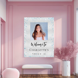 Póster Bienvenida de la foto del purpurina azul plateado 