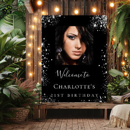 Póster Bienvenida de la foto del purpurina de plata negra