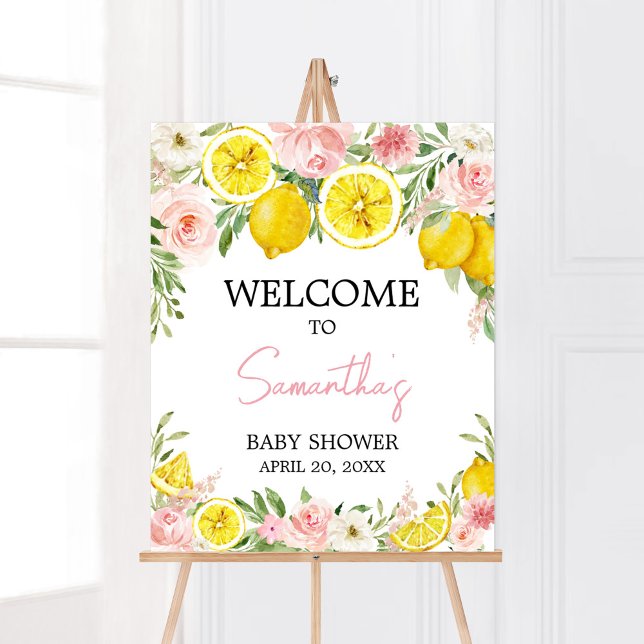 Póster Bienvenida de Lemon Floral Rosa (Summer Lemon Citrus Baby Shower Welcome Sign)