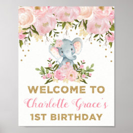 Póster Bienvenida de los 1 cumpleaños del Elefante Floral