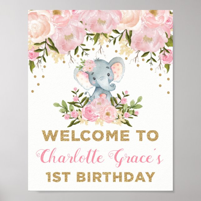 Póster Bienvenida de los 1 cumpleaños del Elefante Floral (Frente)