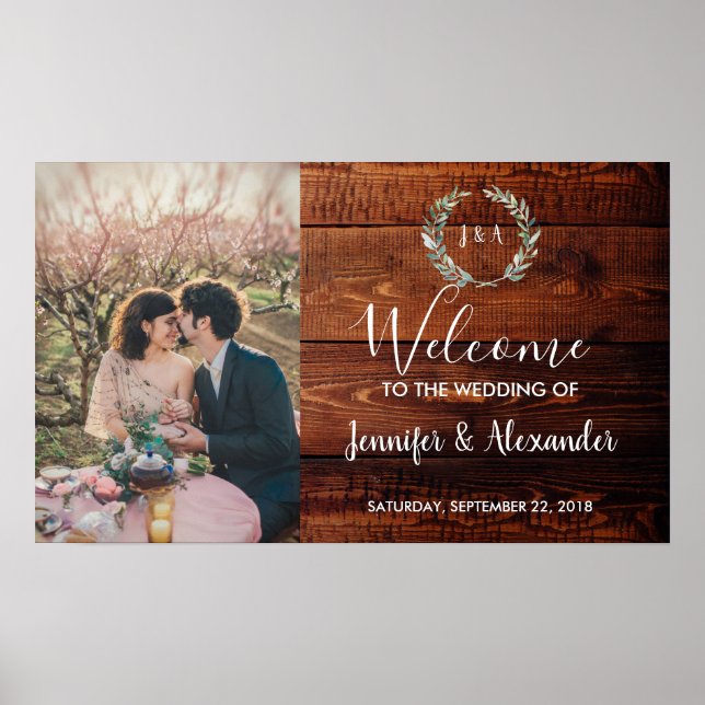 Póster Bienvenida de madera rústica a nuestra foto boda (Frente)
