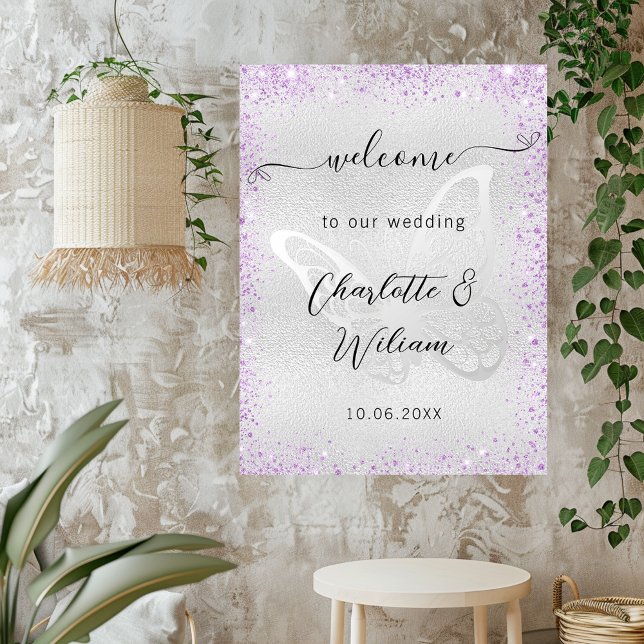 Póster Bienvenida de mariposa de lavanda de plata boda (Subido por el creador)