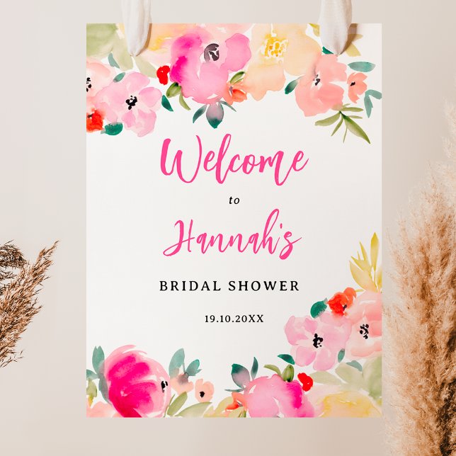 Póster Bienvenida de novias floridas en el jardín de moda (Spring pink boho chic garden floral bridal welcome poster)