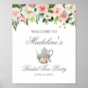 Póster Bienvenida de plata rosa floral con ducha de novia