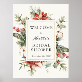 Póster Bienvenida de Poinsettia de Evergreen de lluvia de