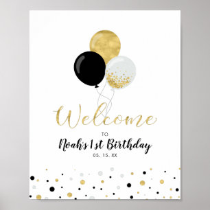 Póster Bienvenida de primer cumpleaños de Gold & Black Ba