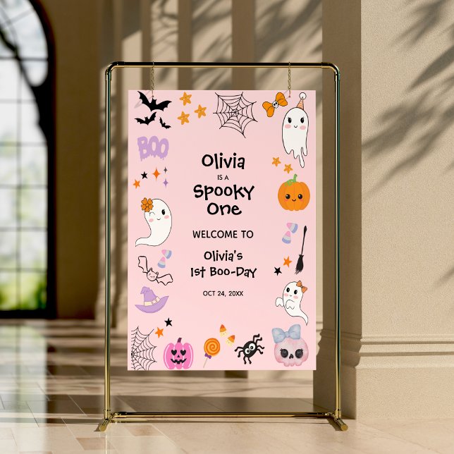 Póster Bienvenida de primer cumpleaños de Halloween (Pink Spooky One Cute Ghost Halloween 1st Birthday Welcome Sign )