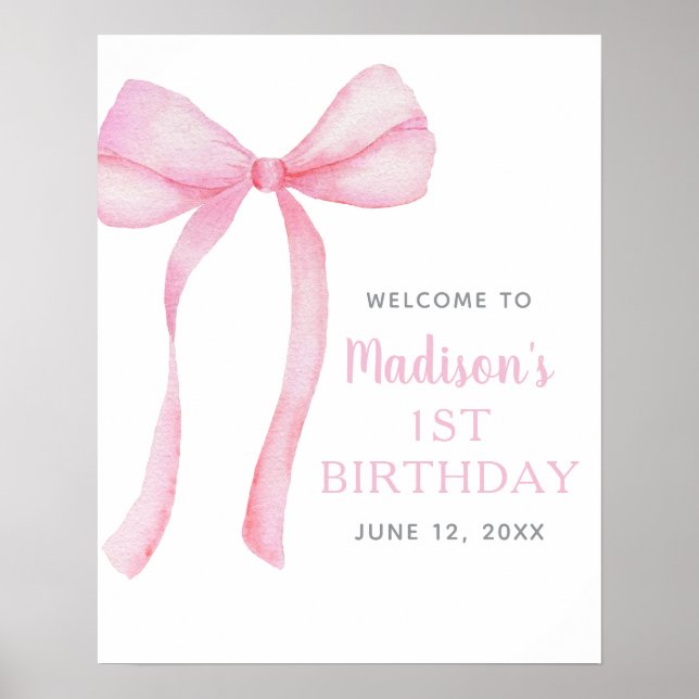 Póster Bienvenida de primer cumpleaños de Pink Bow Coquet (Frente)