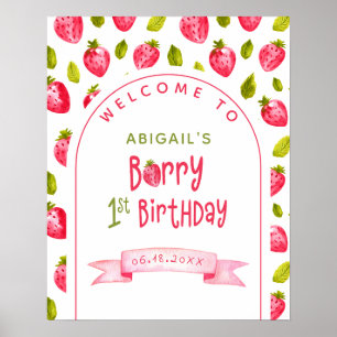 Póster Bienvenida de primer cumpleaños de Strawberry Berr