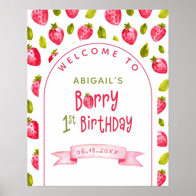 Póster Bienvenida de primer cumpleaños de Strawberry Berr (Frente)