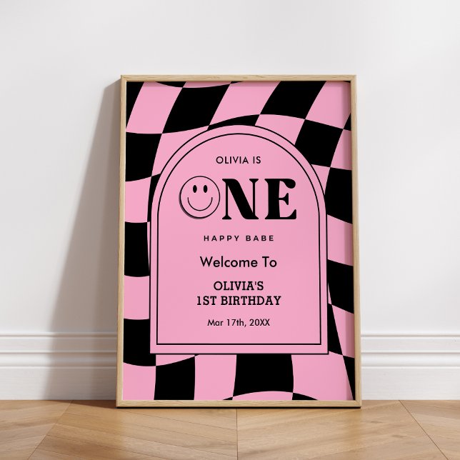 Póster Bienvenida de primer cumpleaños de un bebé feliz F (One Happy Babe Happy Face 1st Birthday Welcome Sign )