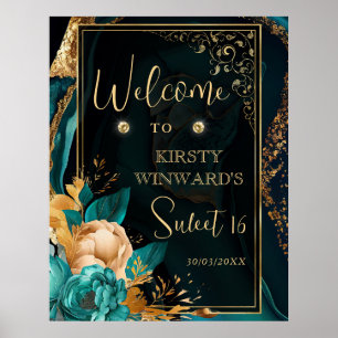 Póster Bienvenida de Sweet 16 Floral de Ágata Teal y Oro 