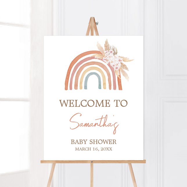 Póster Bienvenida del arco iris del Boho de Pampas Rosa (Girl Boho Rainbow Baby Shower Welcome Sign)