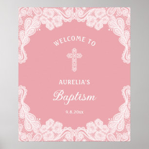 Póster Bienvenida del bautismo rosa en encaje blanco