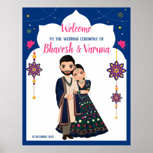 Póster Bienvenida del boda hindú azul de diseño indio fro