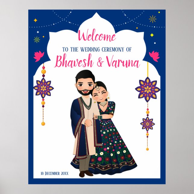 Póster Bienvenida del boda hindú azul de diseño indio fro (Frente)
