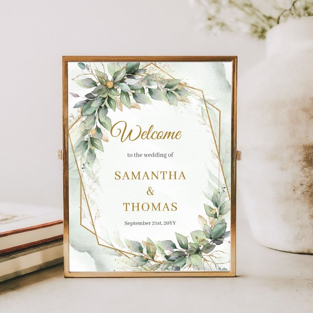 Póster Bienvenida del eucalipto verde bohemio y boda de o (Bohemian green eucalyptus and gold wedding welcome tabletop sign)