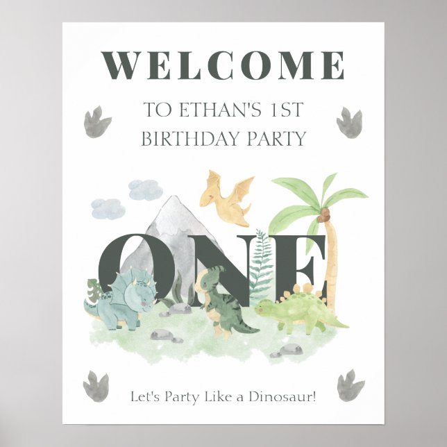 Póster Bienvenida Dinosaurio Primer cumpleaños niño dulce (Frente)