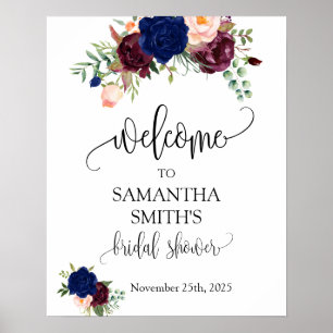 Póster Bienvenida ducha de novia azul marsala floral boda